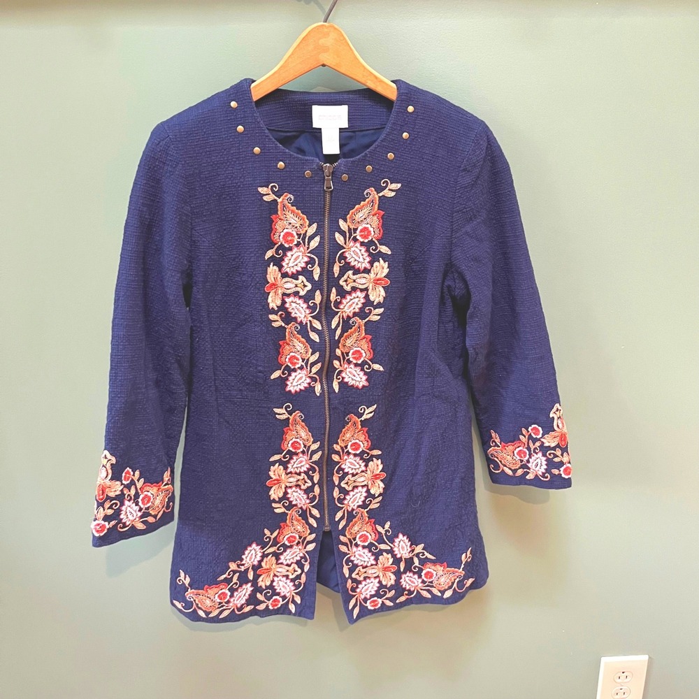 Chico's Embroidered Jacket‎ Navy Blue Zipper Front Gold Studded Collar sz 0